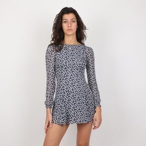 Reformation Navy Blue Floral Long Sleeve Mini Dress